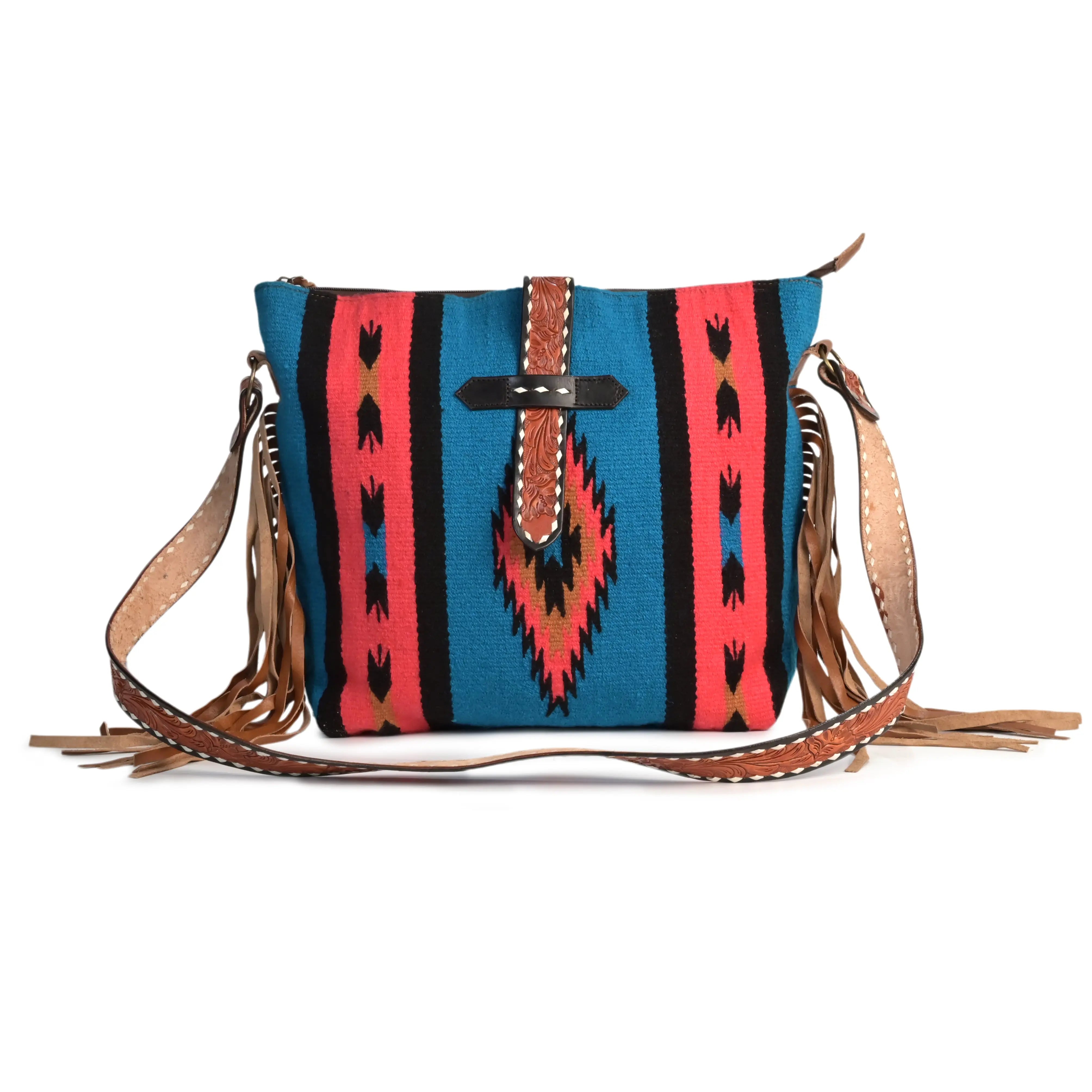 Western Saddle Blanket Hand Tooled Leather Crossbody Bag - abitoamerica